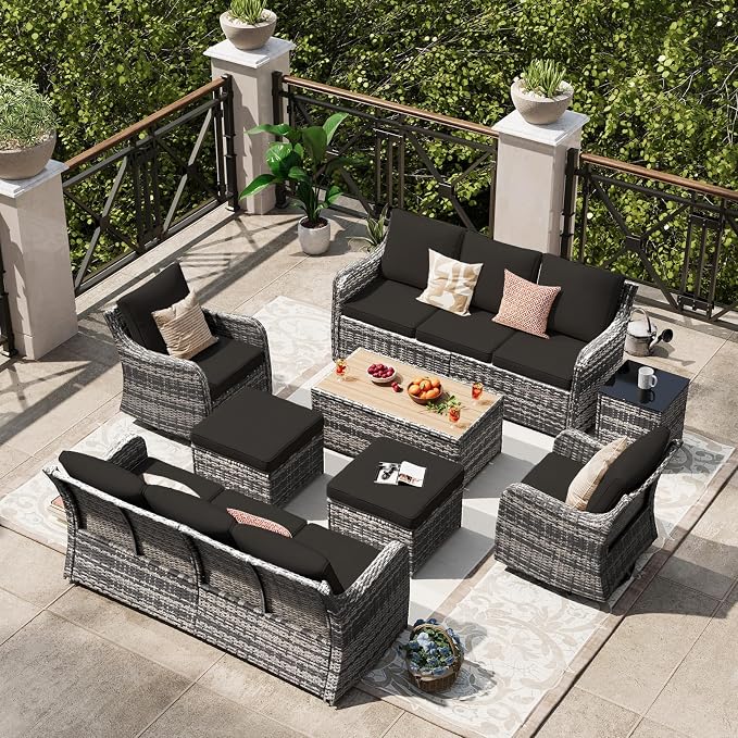 MEISSALIVVE Outdoor Patio Furniture Set with Swivel Chair, 8 Pieces Patio Conversation Set, Patio Sectional Furniture Set with 2 Three-seat Sofa, 2 Ottomans and Coffee Table (Black)