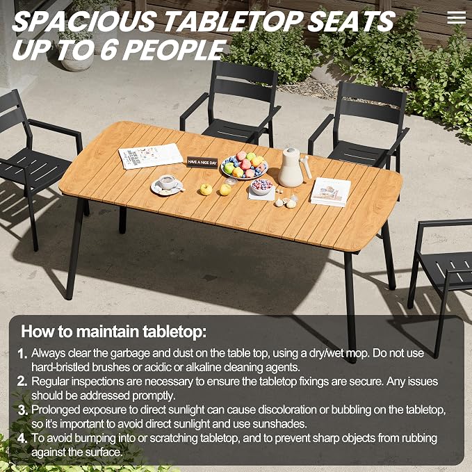 70" Outdoor Dining Table for 6, Brown Patio Table | 1.6" Umbrella Hole Rectangle Table with Aluminum Frame and Waterproof Wood Grain Tabletop for Lawn Backyard Garden Poolside