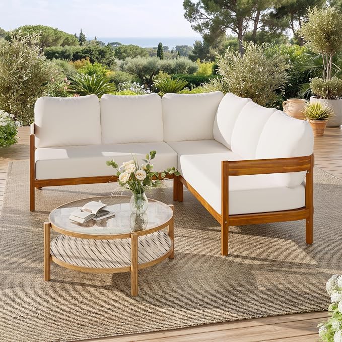 Acacia Wood L-shaped Outdoor Corner Sofa, Patio Conversation Furniture Set With 6 Soft Seat Cushions and Backpack , All Weather Outdoor Patio Sofa with Arc frame for Backyard, Garden (White-3.20)