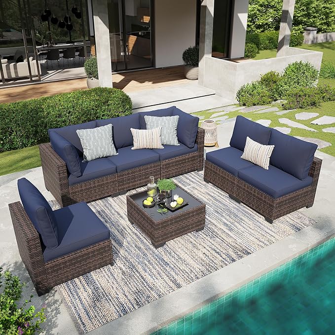 7 Pcs Patio Furniture Set, All-Weather Wicker Sofa Brown & Blue | Weather Resistant PE Rattan | Thick Cushions | Removable Easy Clean | 450 lbs | Ideal for Backyards, Poolside, Balcony