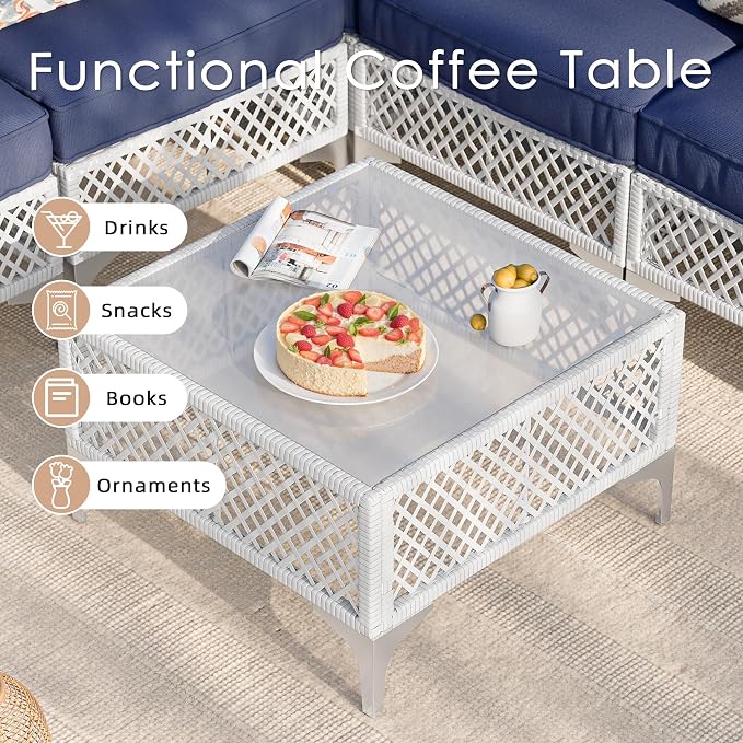 Vikiullf Patio Conversation Set, 7 Piece Outdoor Sectional Sofa Set with Coffee Table, White Wicker with Blue Cushions (White and Blue, 7 piece)