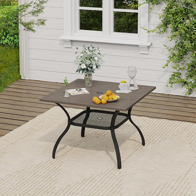 VICLLAX Square Patio Dining Set for 4, Metal Slatted Patio Table with Umbrella Hole and Stackable Patio Chairs for Deck Lawn Garden, Grey Fabric and Antique Grey Tabletop