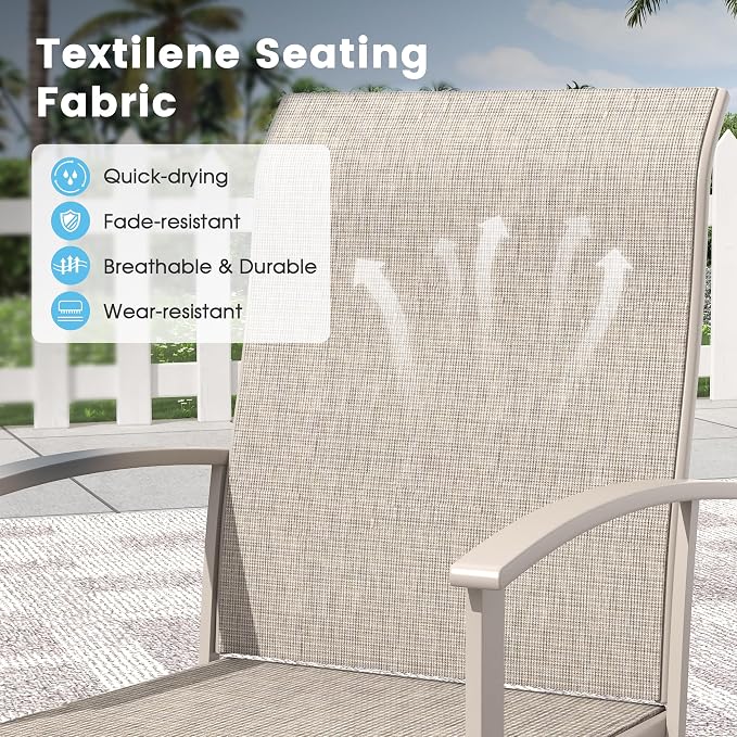 9 Pieces Outdoor Patio Dining Table Set, 60" All Weather Round Metal Table with Umbrella Hole and 8 High Back Textilene Swivel Chairs for Garden, Lawn, Poolside, Sandshell
