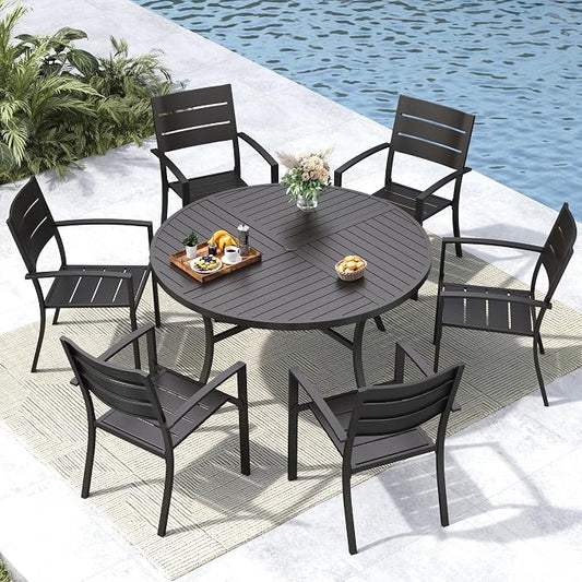 MFSTUDIO Round Patio Table and Chairs, Black Metal Outdoor Dining Set for 6 Persons, 7 Piece Wrought Iron Patio Furniture Dining Set for Deck Backyard Garden