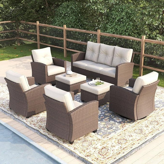 7 Pieces Patio Furniture Swivel Chairs Set, Outdoor Wicker Glider Rocking Chairs with Sofa Set