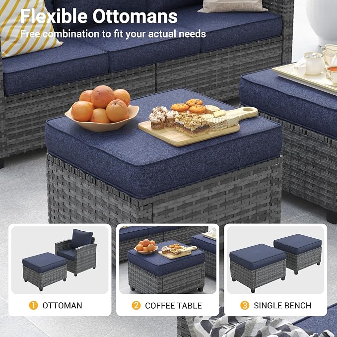 Outdoor Furniture Set, 5 Pcs Wicker Patio Couch with Chairs, Ottomans and Thick Cushions, All Weather Wicker Rattan Patio Conversation Set,Navy Blue