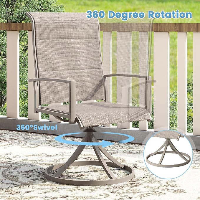 DIFY 7 Pieces Outdoor Patio Dining Set, 6 Sandshell Padded Textilene Swivel Dining Chairs and 53" Sandshell Round Metal Dining Table, Outdoor Table and Chairs for Poolside Backyard Deck