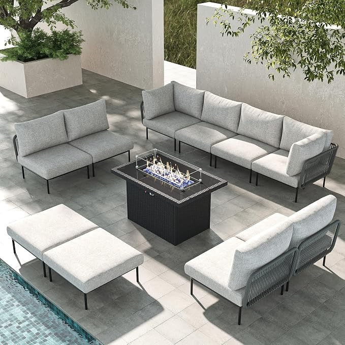 LayinSun 11 Pieces Aluminum Patio Furniture Set, Modern Modular Sectional Sofa with Fire Pit Table and Upgrade Thickness Cushion