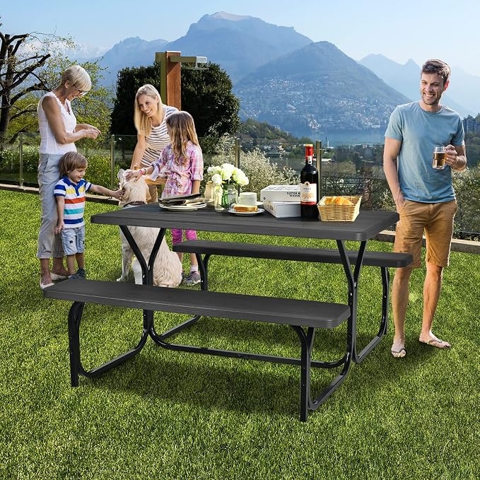 HAPPYGRILL Outdoor Picnic Table Bench Set with Metal Frame & All Weather-Resistant Surface, Camping Table Set for Patio Backyard Poolside Garden Dining Party