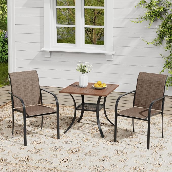 VICLLAX Outdoor Dining Set for 2, Small Patio Table and Chairs Set of Stackable Patio Sling Chairs and Square Dining Table for Front Porch, Brown Fabric and WalnutTable