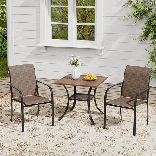 VICLLAX Outdoor Dining Set for 2, Small Patio Table and Chairs Set of Stackable Patio Sling Chairs and Square Dining Table for Front Porch, Brown Fabric and WalnutTable