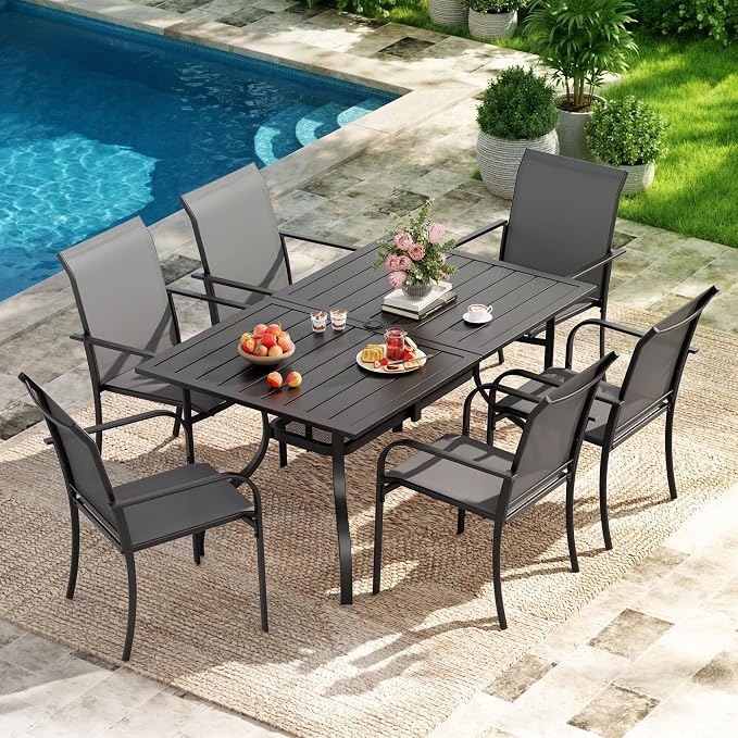 Crownland 7-Piece Outdoor Dining Set, Patio Textilene Dining Sets, 6 Metal Textilene Chairs and Rectangular Outdoor Dining Table with 1.57" Umbrella Hole(Grey)