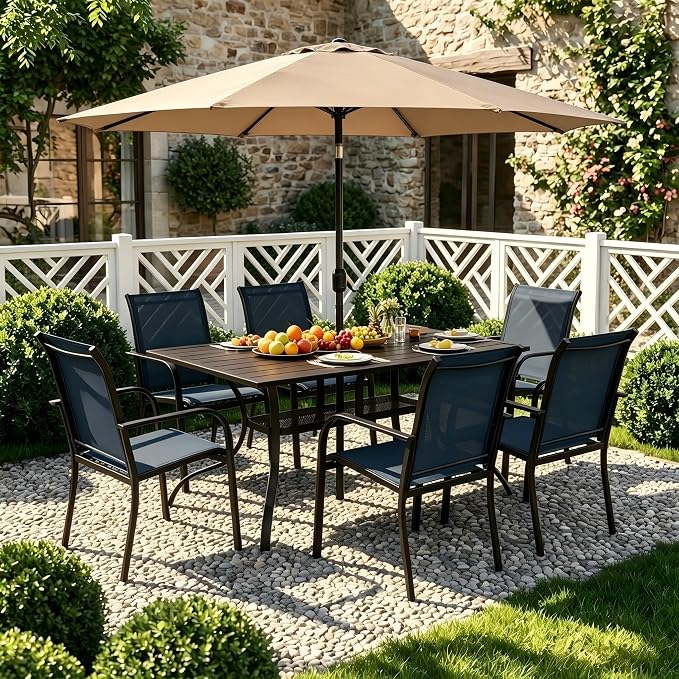 Crownland 7 Piece Patio Dining Set, Outdoor Textilene Dining Sets, 6 Textilene Metal Chairs and Rectangular Outdoor Dining Table with Khaki 9FT Round Outdoor Umbrella (Blue)