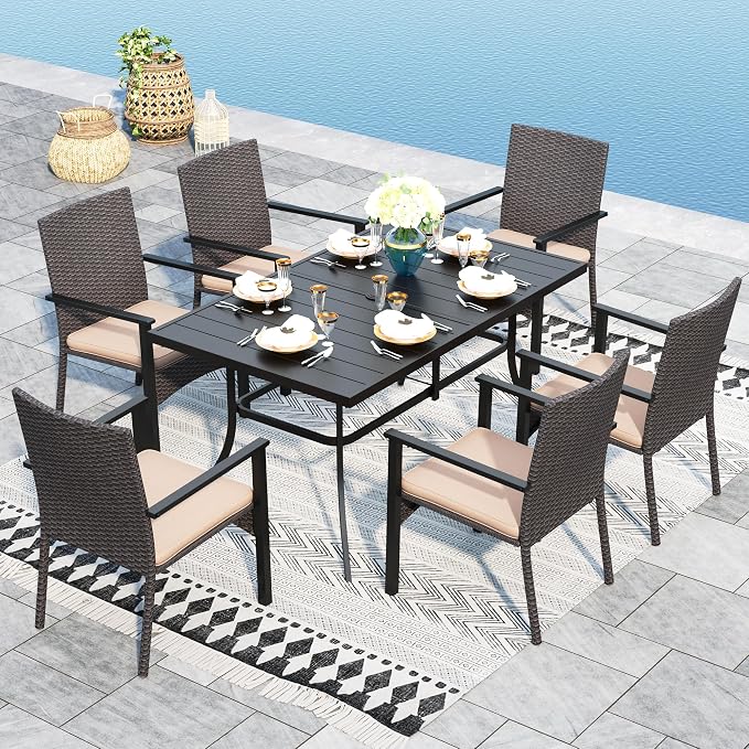 Sophia & William 7-Piece Patio Dining Set, Metal Table, PE Wicker Chairs | All Weather Patio Table and Chairs Set for 6, Perfect for backyard, deck, porch
