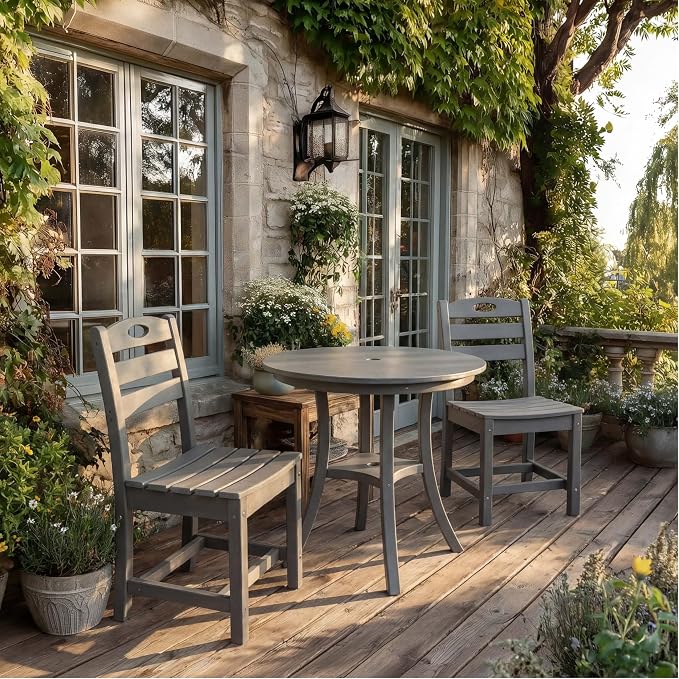 WILLIAMSPACE 29.72" 3-Piece Patio Dining Set, Outdoor All Weather HDPE Round Dining Table with Umbrella Hole & 2 Chairs, Patio Bistro Set for Backyard, Balcony, Lawn, Poolside, Kitchen (Grey)