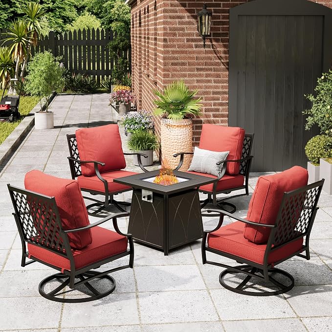 MIXPATIO Patio Furniture Set with Fire Pit Table, 5 Pcs Metal Outdoor Conversation Set, 4 Swivel Chairs with 5.75" Extra Thick Cushion and 28" Fire Pit Table for Backyard Deck, Red
