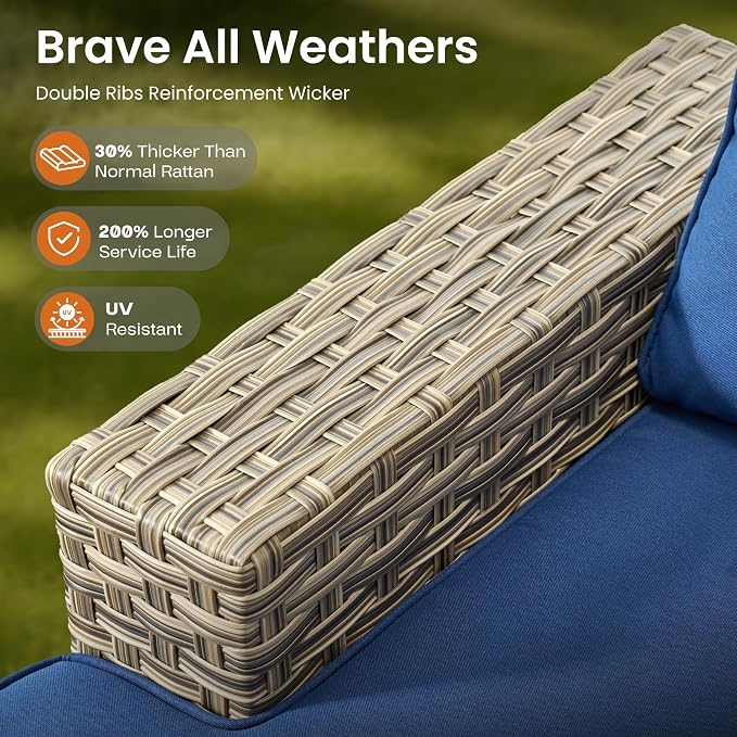 ovios 8 Piece Patio Sectional Furniture with Swivel Rocking Chairs, Rattan Wicker Coversation Couch Set, Outdoor Sofa Set for Outside Porch Balcony Backyard Pool, Navy Blue