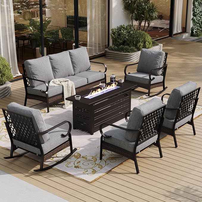 SUNSHINE VALLEY 6 Piece Black Metal Outdoor Patio Furniture Sets with Firepit Table, Patio Conversation Sets 1 3-Seater Sofa, 2 Leg Sofa and 2 Rocking Chair with 5.75" Cushion for Backyard Deck, Gray