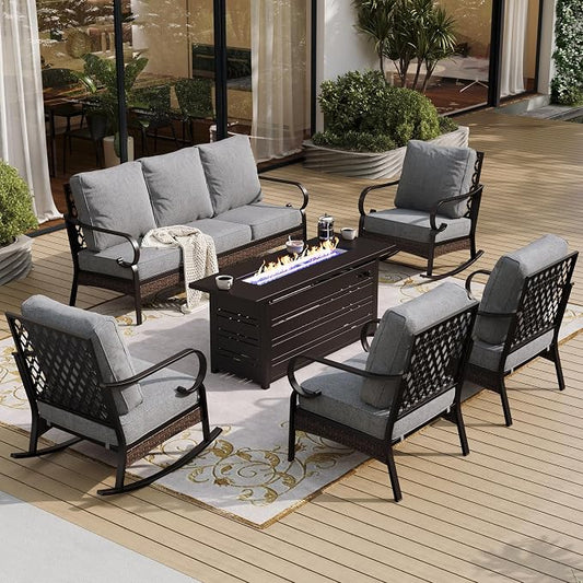 SUNSHINE VALLEY 6 Piece Black Metal Outdoor Patio Furniture Sets with Firepit Table, Patio Conversation Sets 1 3-Seater Sofa, 2 Leg Sofa and 2 Rocking Chair with 5.75" Cushion for Backyard Deck, Gray
