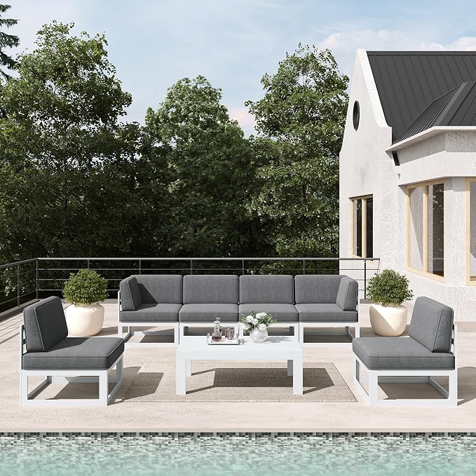 LayinSun 7 Pieces Modern Aluminum Patio Furniture Set with Coffee Table, Outdoor Modular Sectional Conversation Set L-Shaped Sofa for Backyard