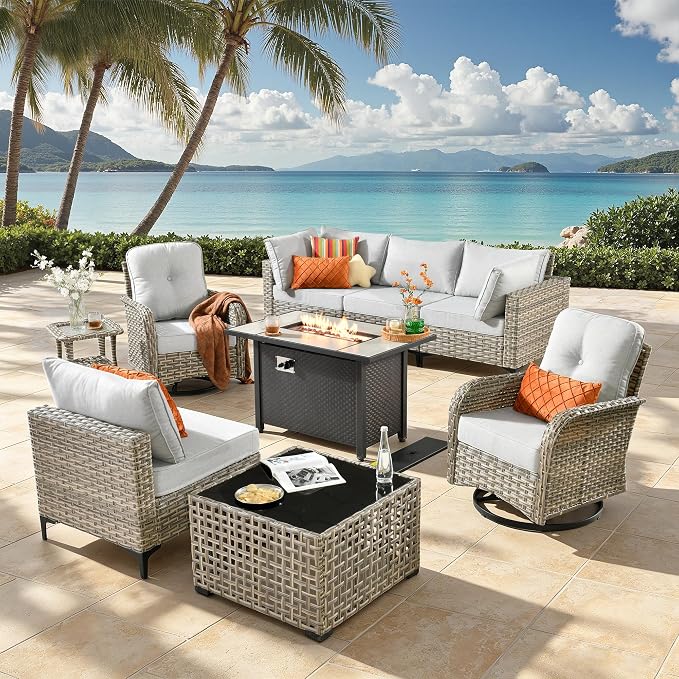 9-Piece Outdoor Patio Furniture Set with Fire Pit Table, Outdoor Conversation Wicker Sofa with Swivel Chairs, Rattan Couch with Coffee Table for Deck, Backyard, Poolside (Light Grey)