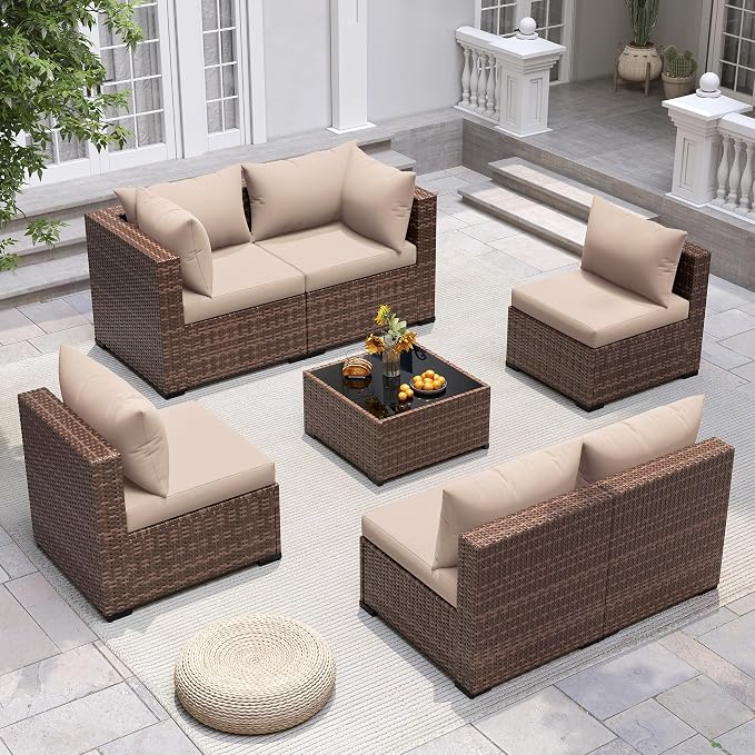 UDPATIO Furniture Set, 7 Piece Sectional Sofas with Wicker Coffee Table, Conversation for Garden, Backyard, Khaki