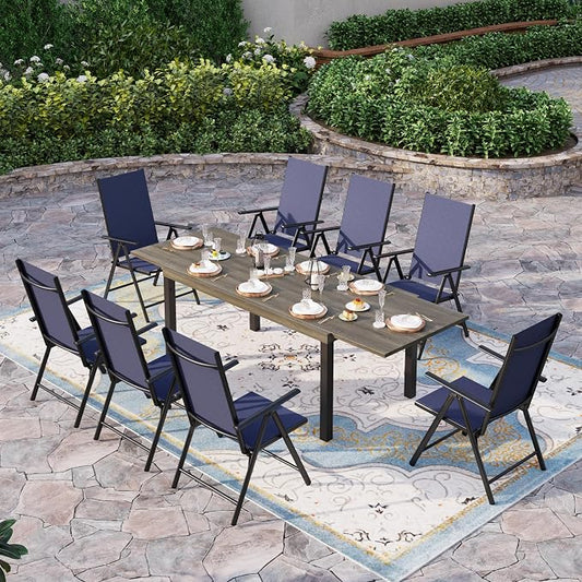 Sophia & William Patio Dining Set for 8, 8 Person Outdoor Dining Table Set with Expandable Metal Patio Table and 8 Foldable Textilene Patio Chairs, Black