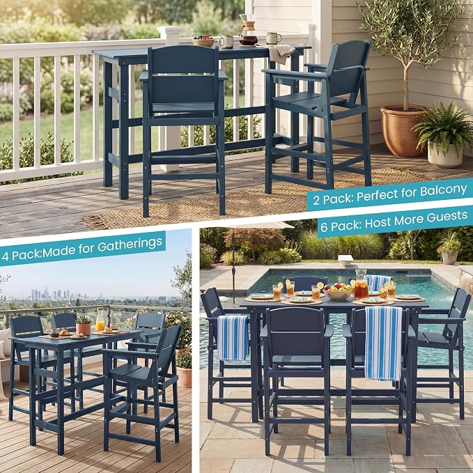 Outdoor Bar Table Set 3 Piece, HDPE Patio Bar Height Furniture Set with 2 Chairs, Small Space Patio Furniture, Weather Resistant Balcony Bistro Set for Garden, Deck, Porch, Deep Blue