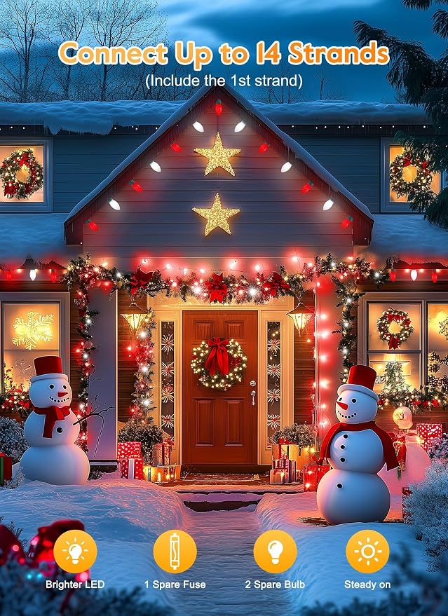 C9 Christmas Lights Outdoor, 100Ft 50 LED Red & Pure White String Lights | Waterproof Shatterproof Connectable Christmas Tree Lights for House Outside Roofline Patio Yard Home Xmas Decorations
