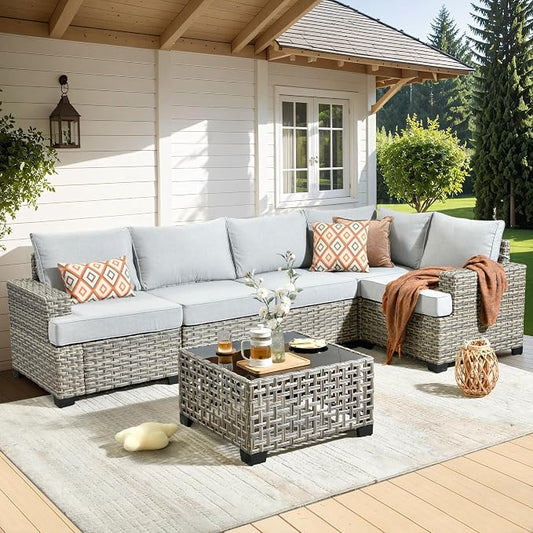 WEAXTY 6 Pieces Patio Furniture Set, Outdoor Sectional Sofa Couch with Solar Coffee Table, All-Weather Outside Furniture Patio Conversation Sets for Backyard Porch Balcony (Gray)