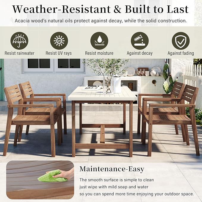 5 Pieces Outdoor Acacia Wood Dining Table Set for 4 with 59" Rectangular Table with Umbrella Hole and 4 Chairs, Modern Patio Dinner Set for Backyard, Garden, Poolside or Indoor, White Natural