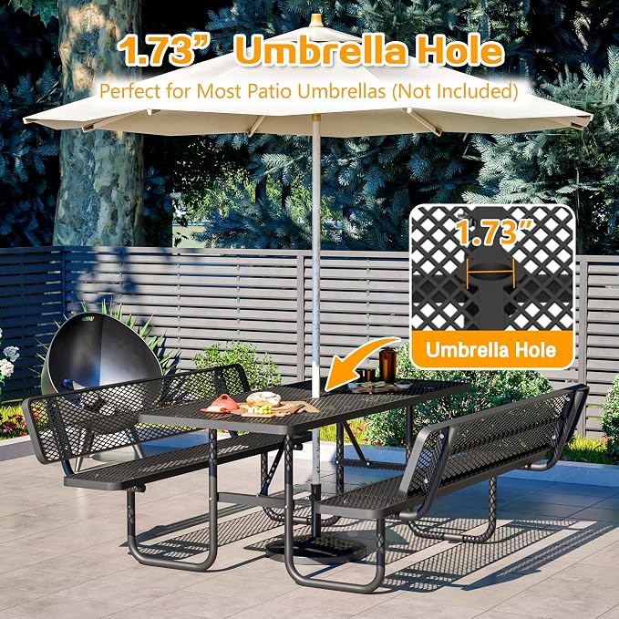 Outdoor Picnic Table with Umbrella Hole - Coated Steel Heavy Duty Commercial Grade Dining Table with Back Seat,Commercial Metal Picnic Table, Heavy Duty Rectangular Furniture Set for Life