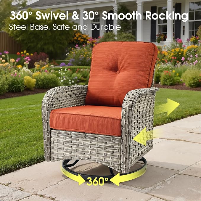 Wicker Patio Furniture Set with Swivel Chairs,6 Pieces Outdoor Sectional with Glowing Coffee Table,Out Door Furniture Conversation Set,Orange Red