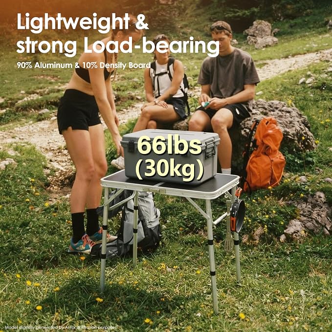 Folding Picnic Table 2ft Portable Camping Table Adjustable Heights Metal Aluminum Lightweight Foldable Small Outdoor Card Table with Carry Handle for Outside Indoor Camp Cooking BBQ Beach(Black)