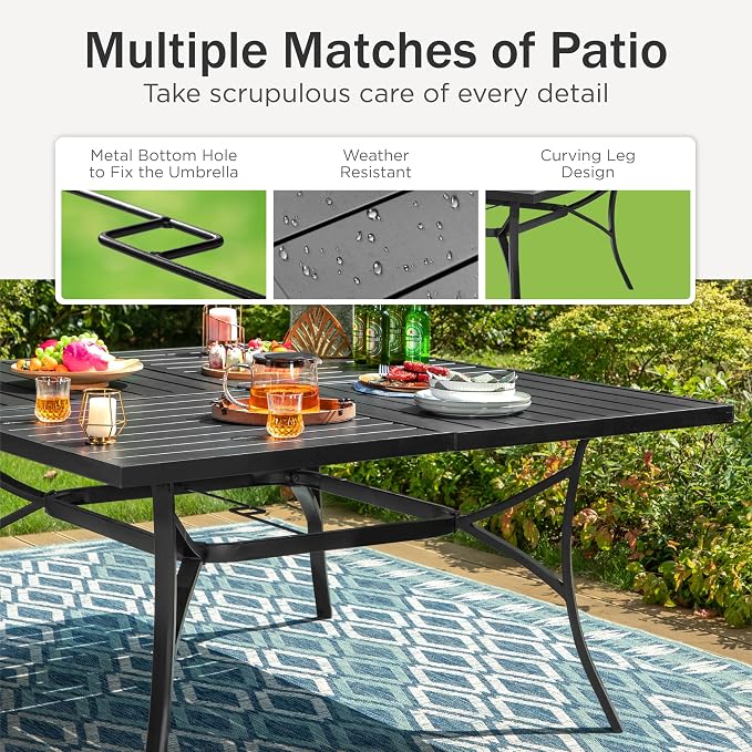 PHI VILLA Outdoor Patio Dining Set, Square Metal Table & 8 Textilene Chairs | 9 piece, Weather-resistant, Breathable & quick-drying, Umbrella hole, Patio deck backyard