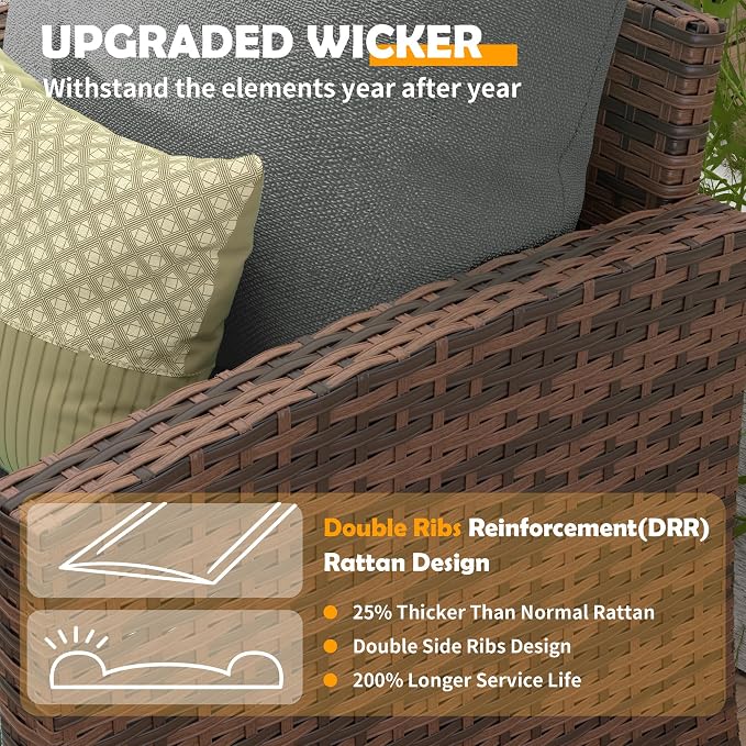 UDPATIO Outdoor Patio Furniture Set with 44" Fire Pit Table, 6 Pieces Sectional Conversation Sets, All-Weather Wicker Rattan Sofa Ottoman with 4" Thick Cushion for Garden Backyard Deck, Dark Grey
