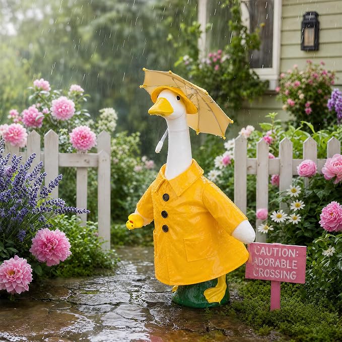 Yellow Raincoat Goose Outfits Porch Goose Waterproof Clothes with Umbrella Hat Rubber Duckie Fits 23" Geese Statue for Spring Summer Garden Lawn Patio Yard Outdoor Decor (Rubber Duckie)