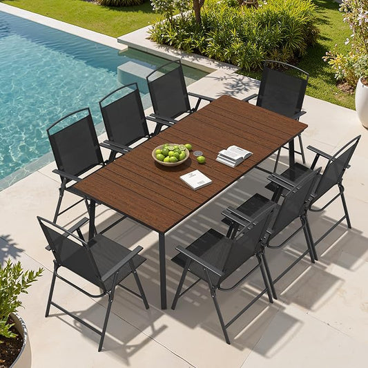 Crestlive Products 9 Piece Patio Dining Set, 70" Walnut Metal Outdoor Table and 8 Folding Chairs, with Umbrella Hole for Porch Poolside Yard Garden, Black