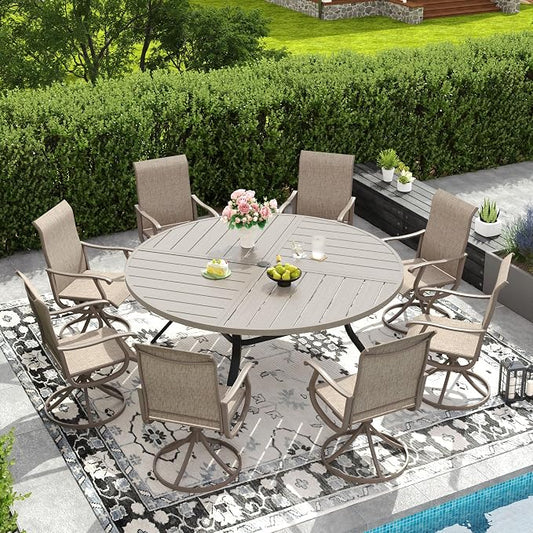 DIFY Patio Table and Chairs Set for 8, 9 Piece Outdoor Dining Set, 63" Grey Wood-Like Round Metal Dining Table with Umbrella Hole and 8 Sandshell Textilene Swivel Patio Chairs, for Garden Backyard