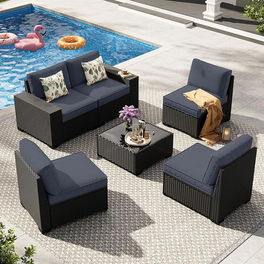 6 Pieces Patio Furniture Set, Wicker PE Rattan Outdoor Sectional with Cushion & Coffee Table, Patio Conversation Sofa for Garden, Backyard, Poolside, Grey