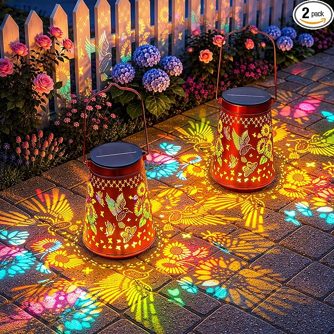 2 Pack Solar Lanterns Outdoor Waterproof Birthday Gifts for Women Mom | Colorful Hollow Metal Sunflowers Butterflies Hummingbirds Lantern, 2 Modes Hanging Solar Lights for Gardens, Patios Decor