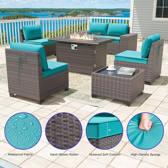 7 Pieces Outdoor Patio Furniture Set with 43"/55000BTU Gas Fire Pit Table,PE Rattan Wicker Outdoor Conversation Sofa Set Non-Slip Cushions Waterproof Covers for Backyard,Poolside,Garden,Blue