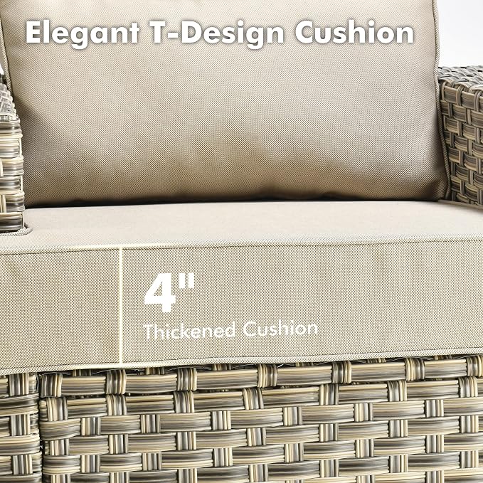 8-Piece Wicker Outdoor Sectional Furniture, Wide Armrest Patio Couch with Swivel Rocking Chair Ottoman Solar Table, Modular Sofa Rattan Conversation Sets for Backyard Deck Garden, Beige