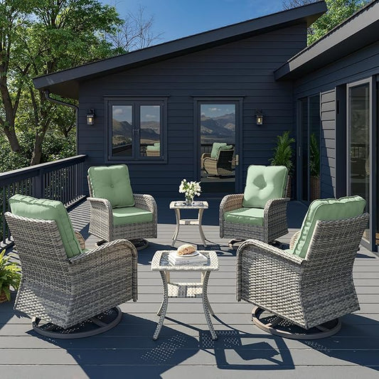 6-Piece Patio Rocking Swivel Chair Outdoor Wicker Rattan Bistro Set with Tempered Glass Side Table, Outdoor Patio Furniture Set for Garden, Deck, and Balcony, Light Green