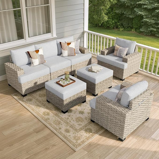 Weaxty 7 Pieces Outdoor Furniture Set, Patio Sectional Sofa Wide Seats Couch Chair with Ottoman, Thick Cushion All-Weather Rattan Patio Conversation Sets for Backyard Porch Balcony, Grey