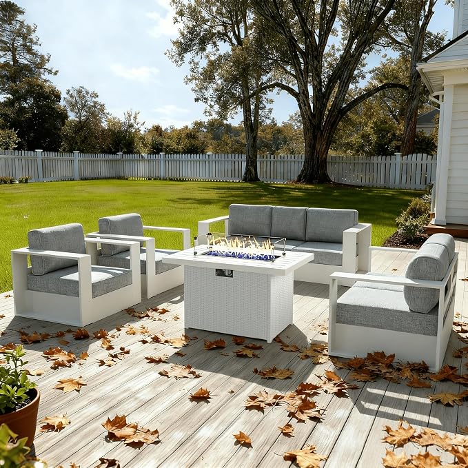 LayinSun Oversized Aluminum Outdoor Furniture Set, 4 Piece Patio Sofa Sets with Fire Pit Table, Deep Seating and Upgraded 6-inch Cushions for Porch, Balcony, Deck