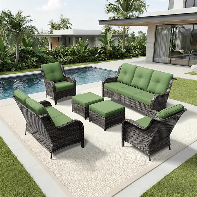 Joyside 6 Piece Wicker Patio Furniture Set, Rattan Patio Chairs with High Back, Deep Seating, Wide Armrest, Thickened Cushions, Outdoor Furniture for Deck, Porch Use