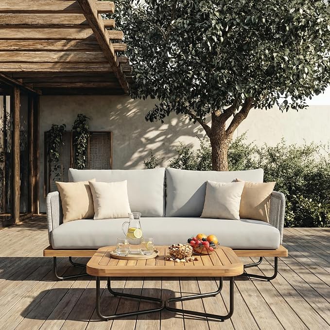 Christopher Knight Home 3-Piece Patio Furniture Set, Acacia Wood Outdoor Sectional Sofa with Rope Woven & Cushions, 4-Seat Sofa, Loveseat and Coffee Table, Outdoor Conversation Set, Light Grey+Teak