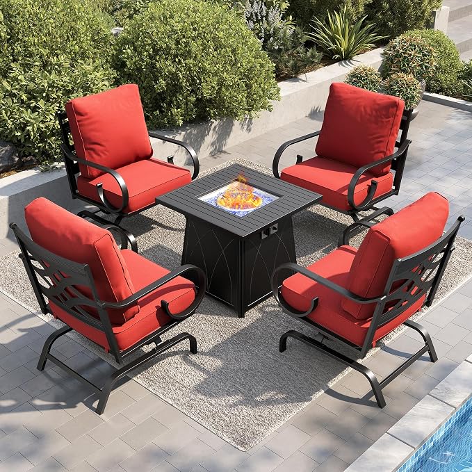 PHI VILLA Patio Furniture Set, 4 Rocking Chairs and a 28" Square Fire Pit Table, Outdoor Metal Conversation Set with 5.75" Extra Thick Cushion for Garden Backyard Deck, Red