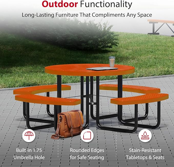 Leisure Craft Metal Picnic Table with Bench - 46" Round Outdoor Dining Table for 8 with Umbrella Hole, Weatherproof Heavy Duty Thermoplastic Coating, Commercial Grade Furniture Made in USA - Orange